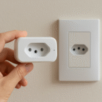 Pessoa segurando uma tomada inteligente Wi-Fi próxima a uma tomada de parede, ilustrando o uso de tecnologia para automação residencial.