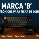 Imagem com destaque para produtos eletrônicos modernos: fones de ouvido, teclado mecânico, caixa de som portátil e acessórios tecnológicos.